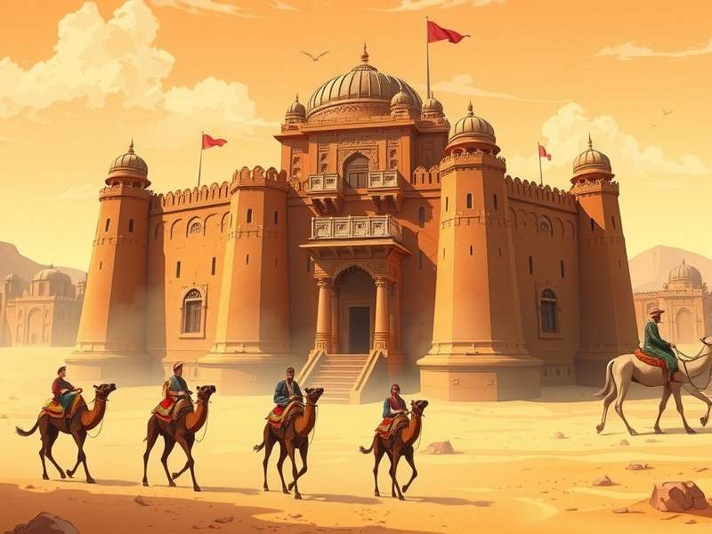 Desert Empire Builders Key Art showing Rajasthani fort in Thar Desert with camel caravans
