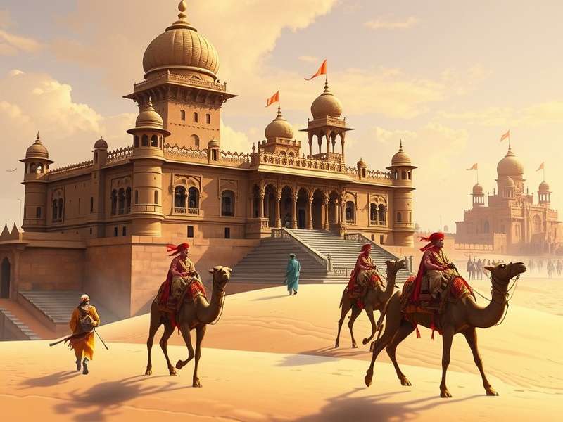 Desert Empire Builders story cutscene showing Rajput court in Jaisalmer fort with desert caravan in background